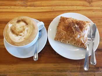 High angle view of breakfast served on table