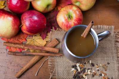 High angle view of apples in bowl on table