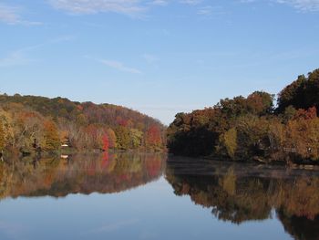 Scenic view of lake by trees against sky