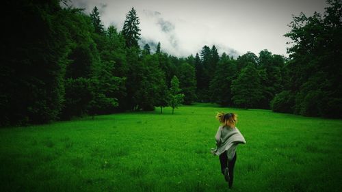 Rear view of girl walking on grass