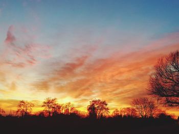 Low angle view of silhouette trees against dramatic sky