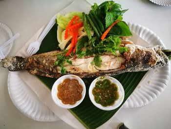 High angle view of food in plate on table