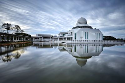 Reflection of mosque in river against cloudy sky