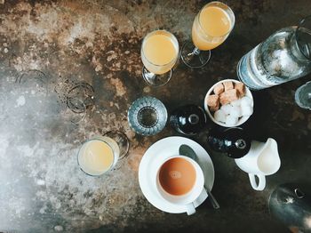 High angle view of breakfast on table