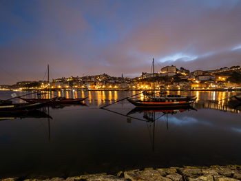 Boats in river at sunset