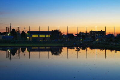 Reflection of factory on water against clear sky