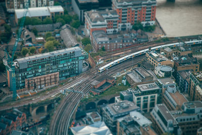 High angle view of vehicles on road in city