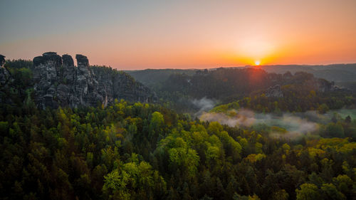 Sunset, bastei, rocks, fog, saxony, sun.