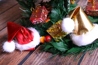 High angle view of christmas decorations on table