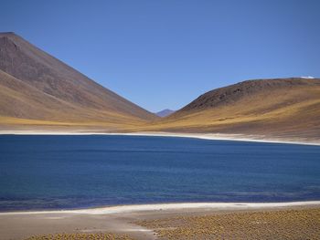 Scenic view of lake and mountains against clear blue sky