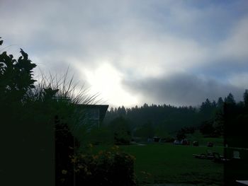 Trees on landscape against cloudy sky