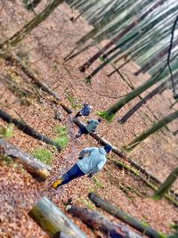 High angle view of man climbing on field in forest