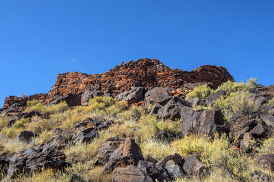 Low angle view of rocks against clear blue sky