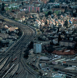 High angle view of street amidst buildings in city