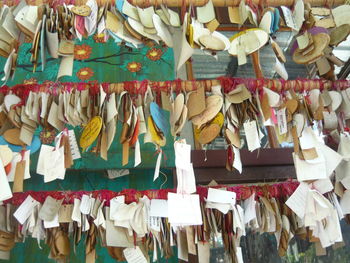 Low angle view of prayer blocks hanging