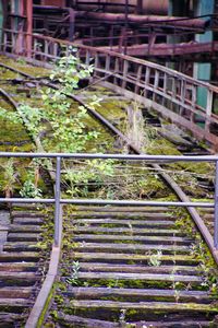 High angle view of metallic railing on farm