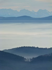 Scenic view of mountains against sky during sunset