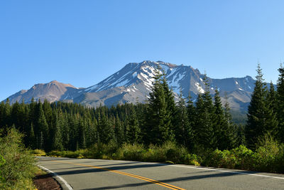 Scenic view of snowcapped mountains against clear blue sky