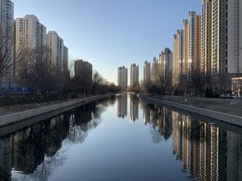 Reflection of buildings in river against clear sky
