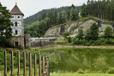 Scenic view of lake by building against sky