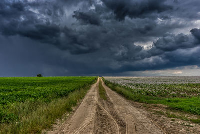 Dirt road amidst agricultural field against cloudy sky