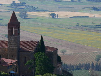 High angle view of buildings in field