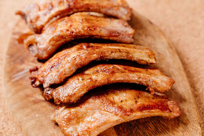 High angle view of meat on cutting board