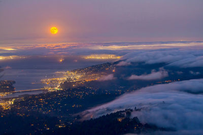 Aerial view of illuminated cityscape against sky at night