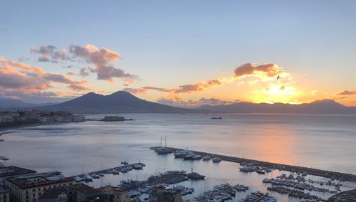 High angle view of sea against sky during sunset