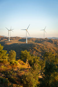 Wind turbines on land against sky