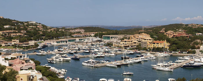 High angle view of boats moored in harbor