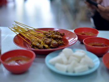 Close-up of meal served on table