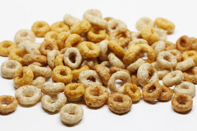 Close-up of cookies against white background