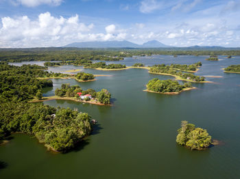 Aerial panorama drone picture of islands in the lumot lake near caliraya, cavinti, philippines