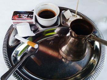 High angle view of coffee on table