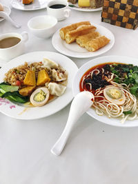 High angle view of food served on table