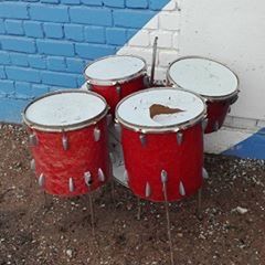 High angle view of red objects on wall