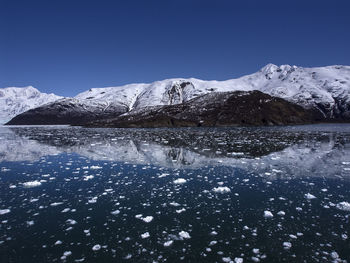 Scenic view of snowcapped mountains against clear blue sky