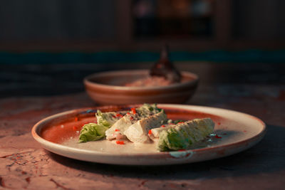 Close-up of food in plate on table