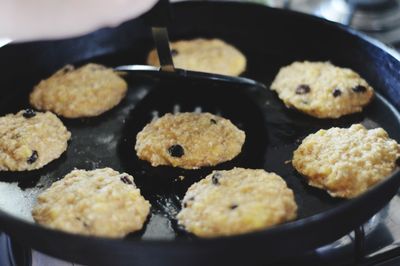 Close-up of food cooking on pan at home