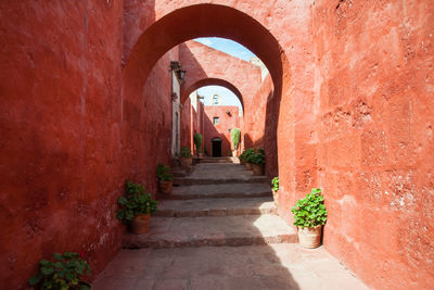 Red walls in monastery.