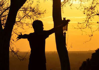 Silhouette man standing by tree against sky during sunset