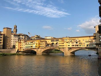 Bridge over river by buildings in city against sky