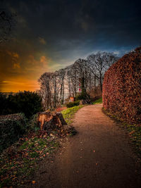 Empty road amidst trees against sky during sunset