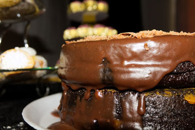 Close-up of chocolate cake on table