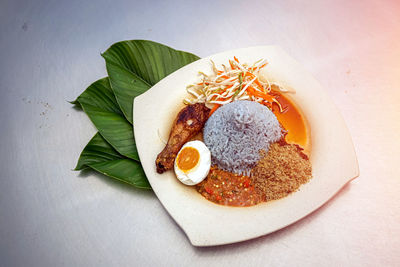 High angle view of breakfast served on table