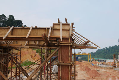 Construction site by building against clear sky