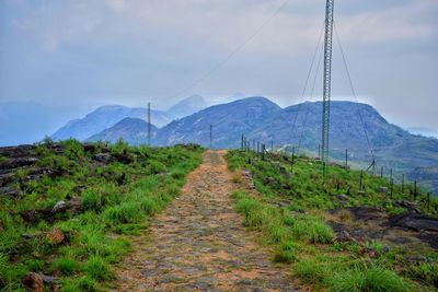 Dirt road leading towards mountains against sky