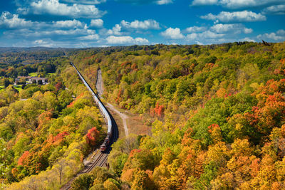 High angle view of trees on landscape against sky