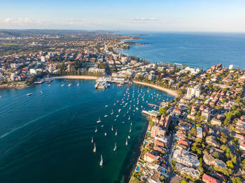 Drone view of manly, sydney, new south wales, australia. manly harbour, manly beach in background.